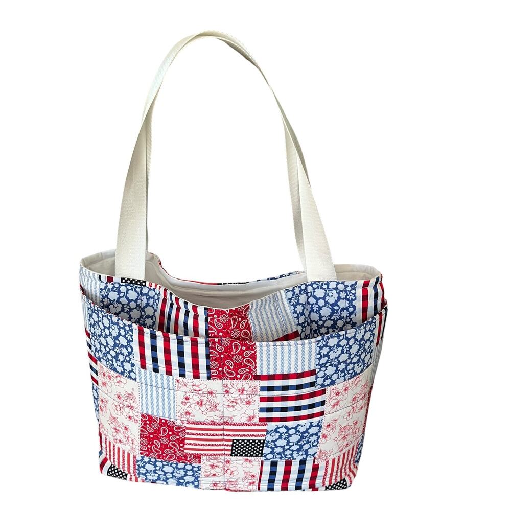 Handmade Patriotic Womens Tote Handbag Quilted Blue Red Patchwork USA America